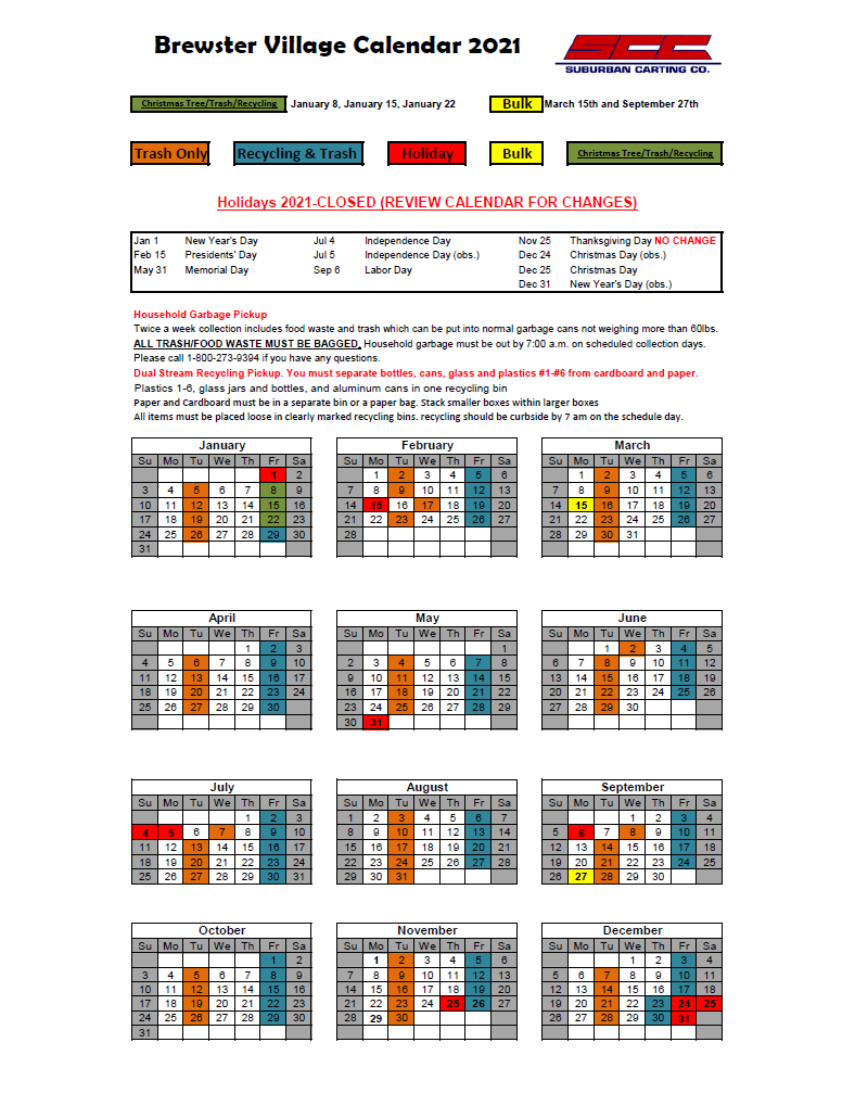 2021 Suburban Carting Calendar for Refuse Pick Up