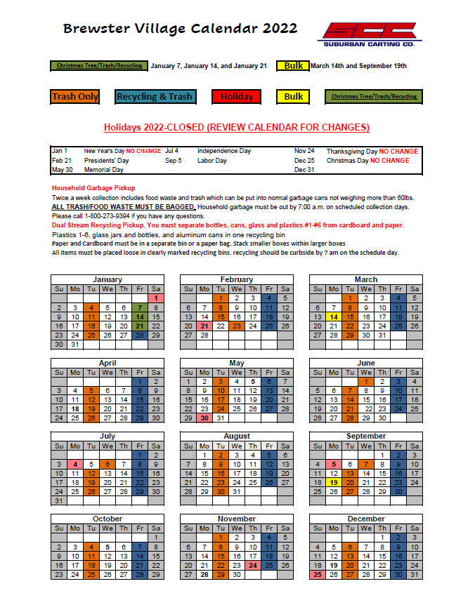 2022 Suburban Carting Refuse, Recycling & Bulk Pick Up Schedule